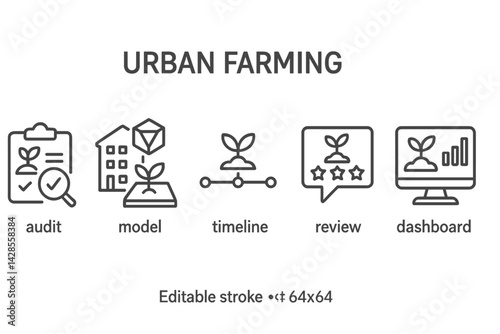 Icons representing urban farming concepts in a simple line style for educational and informational purposes