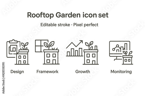 Icon set depicting rooftop garden themes for design, growth, monitoring, and framework activities in urban environments