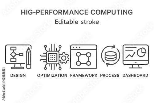 High-performance computing concepts illustrated with line style icons for design, optimization, framework, process, and dashboard visualizations