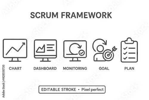 Icons representing various aspects of the scrum framework including chart, dashboard, monitoring, goal, and plan in a clean line style