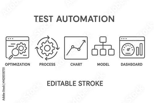 Set of icons representing test automation concepts including optimization, process, chart, model, and dashboard in a line style design