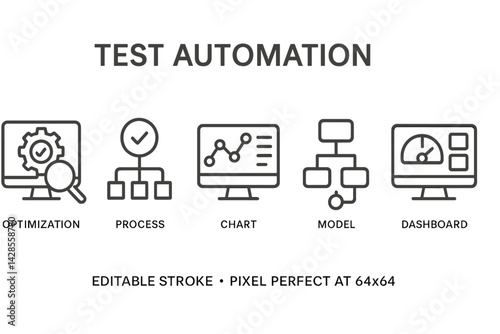 Set of line style icons representing test automation components including optimization and process management