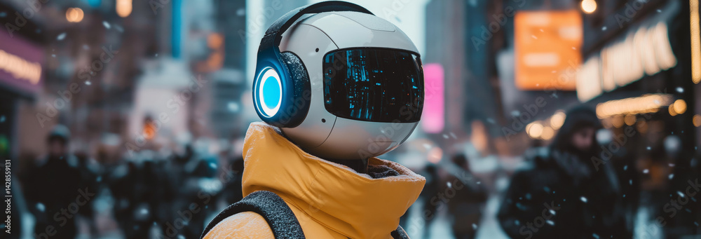 Robot dressed in sportswear and headphones in his ears, walking around New York City in winter