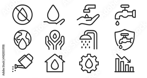 Icon set depicting water conservation, management practices, and household usage in a minimalistic line design format