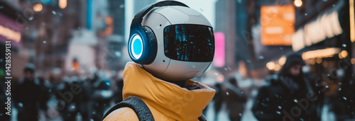 Obraz na płótnie Robot dressed in sportswear and headphones in his ears, walking around New York City in winter w salonie