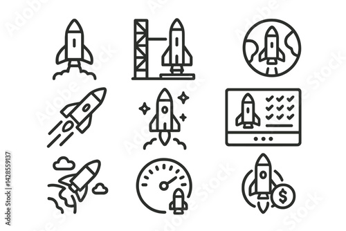 Rocket icons designed in a clean line style for modern and innovative themes