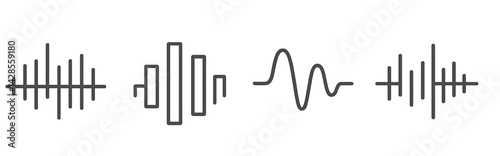 Line style set of audio icons featuring sound waves and equalizer symbols for digital media applications