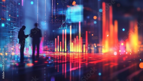 Wallpaper Mural Two figures stand in a futuristic city with glowing data visualizations. Torontodigital.ca