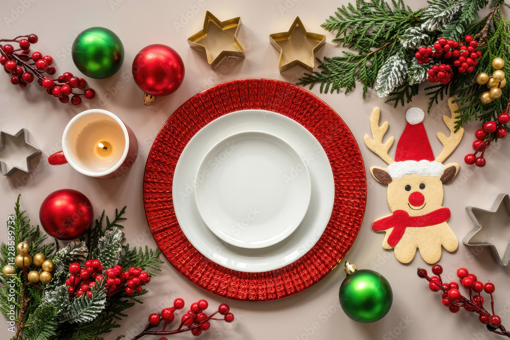 Christmas Table Setting with Red Plate and Decorations Christmas Table Setting with Red Plate and Decorations