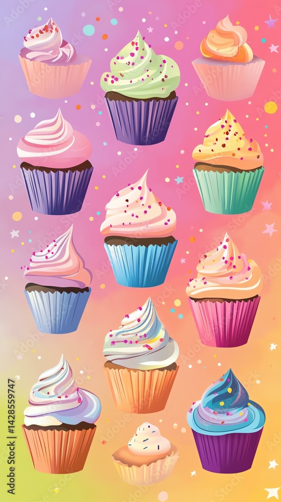 Gluten free Colorful cupcakes in a whimsical arrangement. Gluten free Colorful cupcakes in a whimsical arrangement.