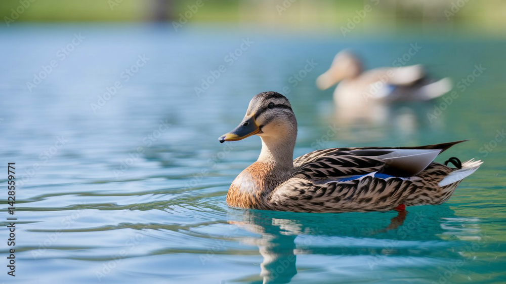 Fototapeta premium A Close-Up of a Female Mallard Duck Swimming in Calm Water, with a Shallow Depth of Field Highlighting Her Distinctive Plumage