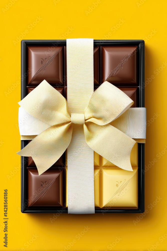 Gourmet Chocolate Gift Box with Elegant Ribbon on Bright Background
