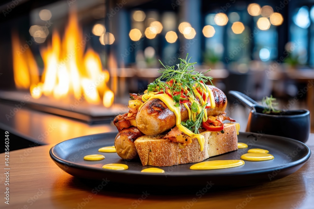 Gourmet sausage with mustard sauce and vegetables on toasted bread