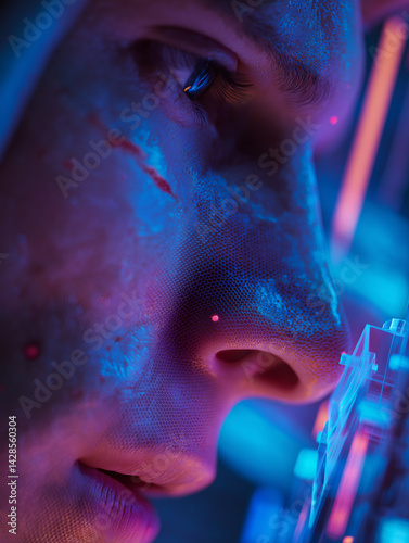 A high-tech 3D printer fabricates lab-grown skin grafts using glowing bio-ink, symbolizing advancements in regenerative medicine and burn treatment.