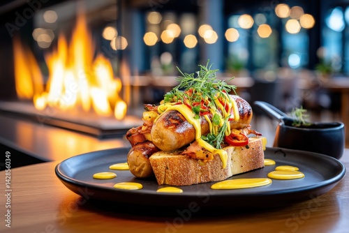 Obraz na płótnie Gourmet sausage with mustard sauce and vegetables on toasted bread w salonie