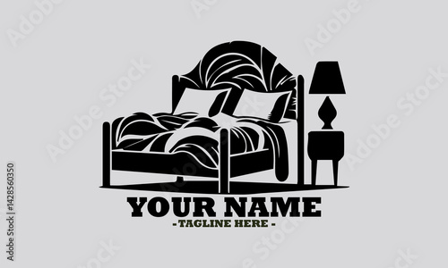 Simple monochromatic silhouette illustration of a comfortable bed with soft pillows and a lamp on a bedside table. Bedroom concept, bedroom logo design illustration and bedroom vector design