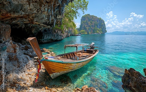 Tropical island cave and longtail boat. Crystal-clear water, limestone cliffs, lush vegetation.  Tranquil scene