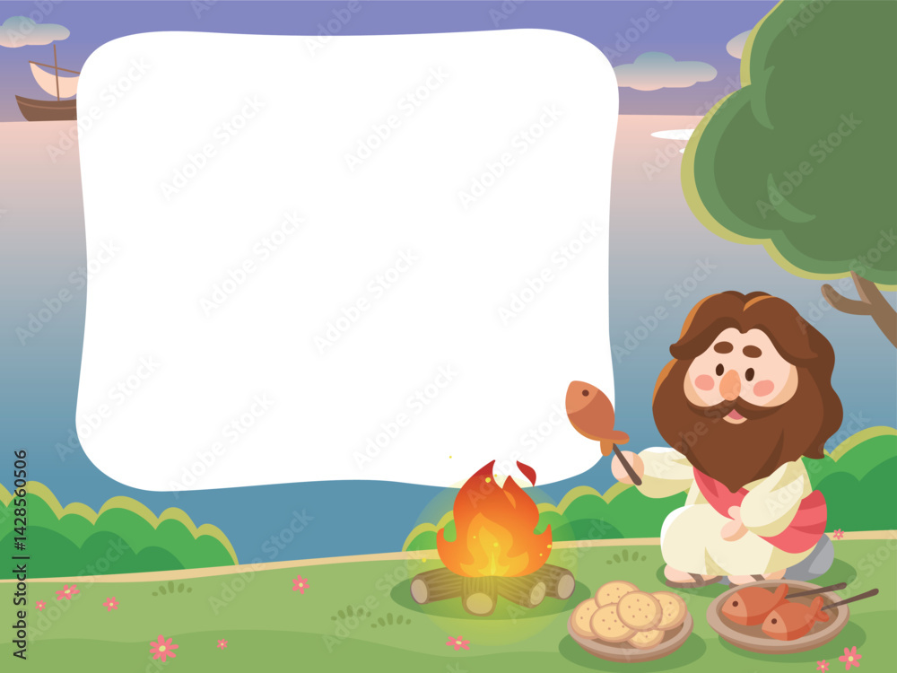 Fototapeta premium Cartoon Jesus Cooking Fish on the Beach with Blank Space for Text. Hand-drawn style with warm colors and blank space for adding text. Perfect for religious, church, or Bible-themed designs.