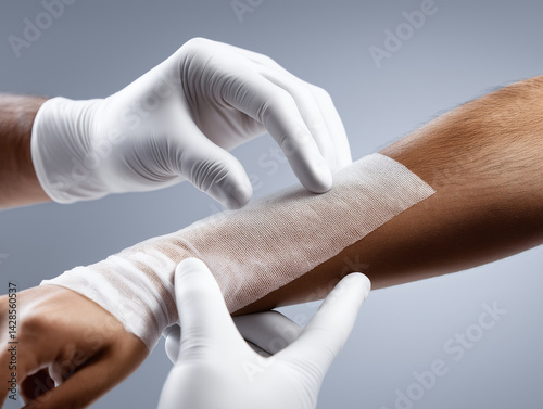 A photorealistic close-up shows medical professionals applying an advanced skin-repair membrane to a wounded arm in a clinical setting. 