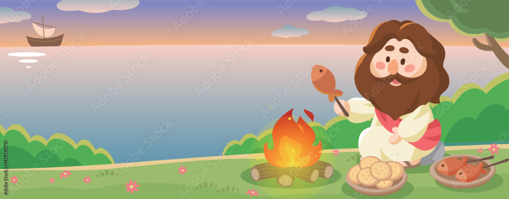 Naklejka premium Cute Jesus Cooking Fish Bible Story Banner Jesus Roasting Fish by the Sea with Campfire, Bread and Boat