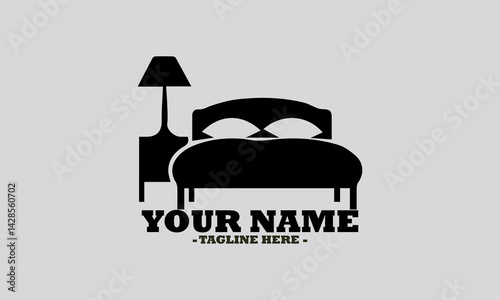 Simple monochromatic silhouette illustration of a comfortable bed with soft pillows and a lamp on a bedside table. Bedroom concept, bedroom logo design illustration and bedroom vector design