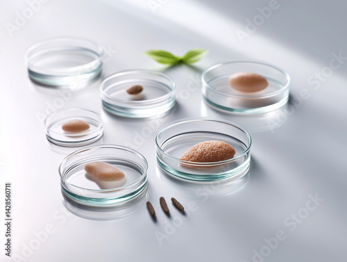 Photorealistic macro shot of artificial skin samples growing in sterile petri dishes. Highlights the translucent texture and scientific precision of biomaterials used in regenerative medicine.
