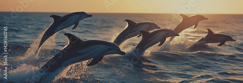 A playful pod of dolphins leaping out of the water at sunset.