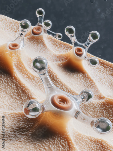 Scientific visualization of artificial skin cells regenerating at microscopic level. Glowing collagen fibers and fibroblast activity symbolize cutting-edge tissue engineering.