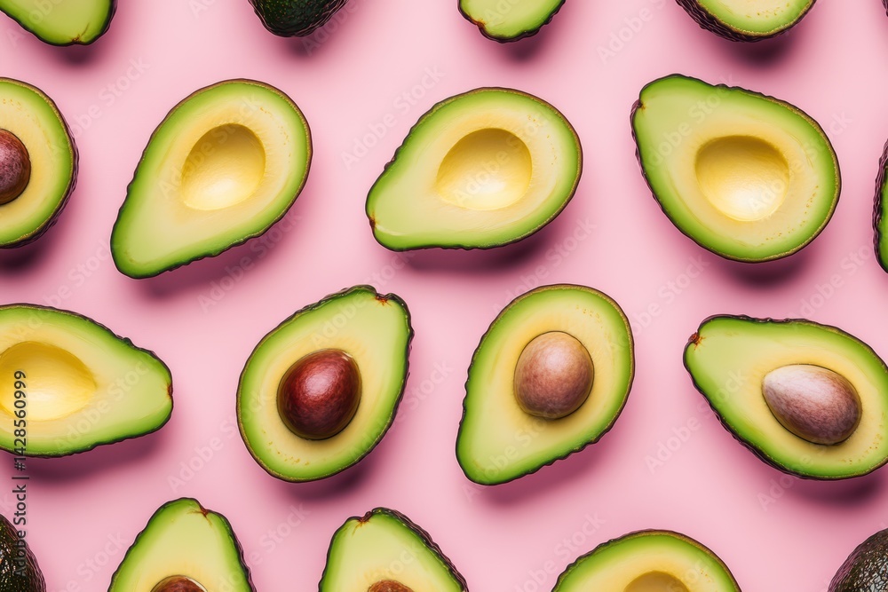 Fresh avocado halves arranged creatively on a vibrant pink background for advertising purposes Fresh avocado halves arranged creatively on a vibrant pink background for advertising purposes