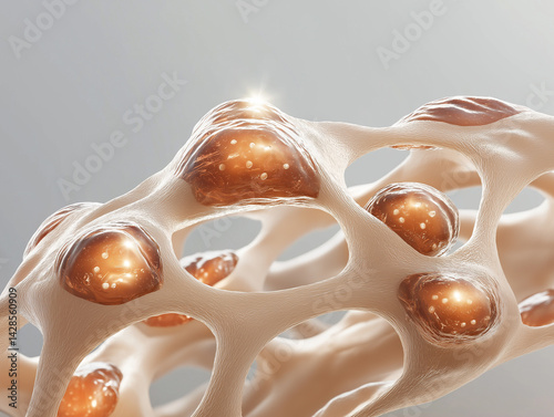 Scientific visualization of artificial skin cells regenerating at microscopic level. Glowing collagen fibers and fibroblast activity symbolize cutting-edge tissue engineering.