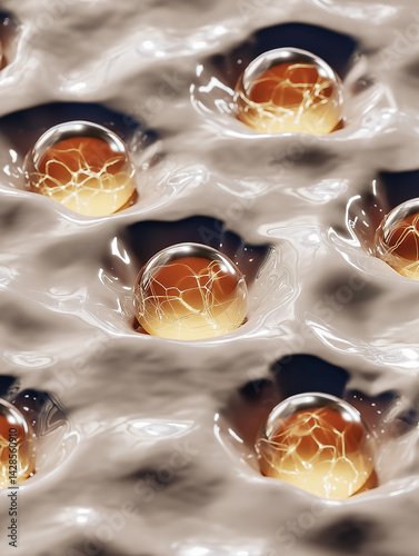 Scientific visualization of artificial skin cells regenerating at microscopic level. Glowing collagen fibers and fibroblast activity symbolize cutting-edge tissue engineering.