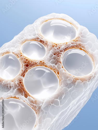 Scientific visualization of artificial skin cells regenerating at microscopic level. Glowing collagen fibers and fibroblast activity symbolize cutting-edge tissue engineering.