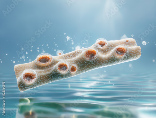 Scientific visualization of artificial skin cells regenerating at microscopic level. Glowing collagen fibers and fibroblast activity symbolize cutting-edge tissue engineering.