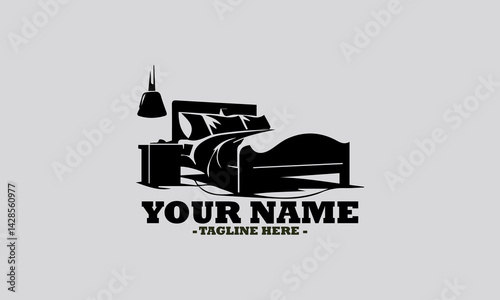 Simple monochromatic silhouette illustration of a comfortable bed with soft pillows and a lamp on a bedside table. Bedroom concept, bedroom logo design illustration and bedroom vector design