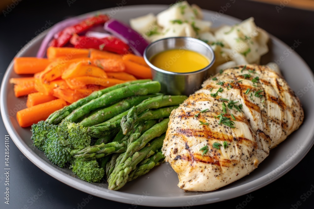 Grilled Chicken Breast with Colorful Vegetables on Gray Plate