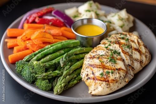 Obraz na płótnie Grilled Chicken Breast with Colorful Vegetables on Gray Plate w salonie