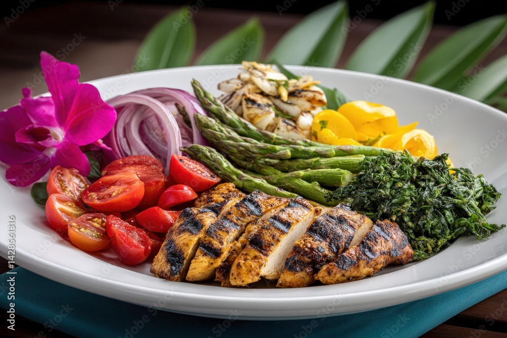 Grilled Chicken with Fresh Vegetables and Colorful Garnishes