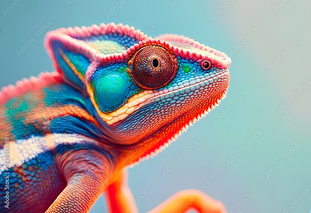 Obraz premium a vibrant panther chameleon displays its striking coloration with intense focus in a close-up portrait.