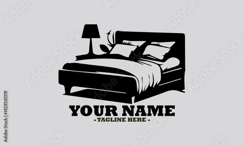 Simple monochromatic silhouette illustration of a comfortable bed with soft pillows and a lamp on a bedside table. Bedroom concept, bedroom logo design illustration and bedroom vector design