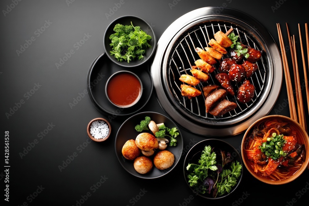 Grilled Meat and Fresh Vegetables on Black Table with Side Dishes