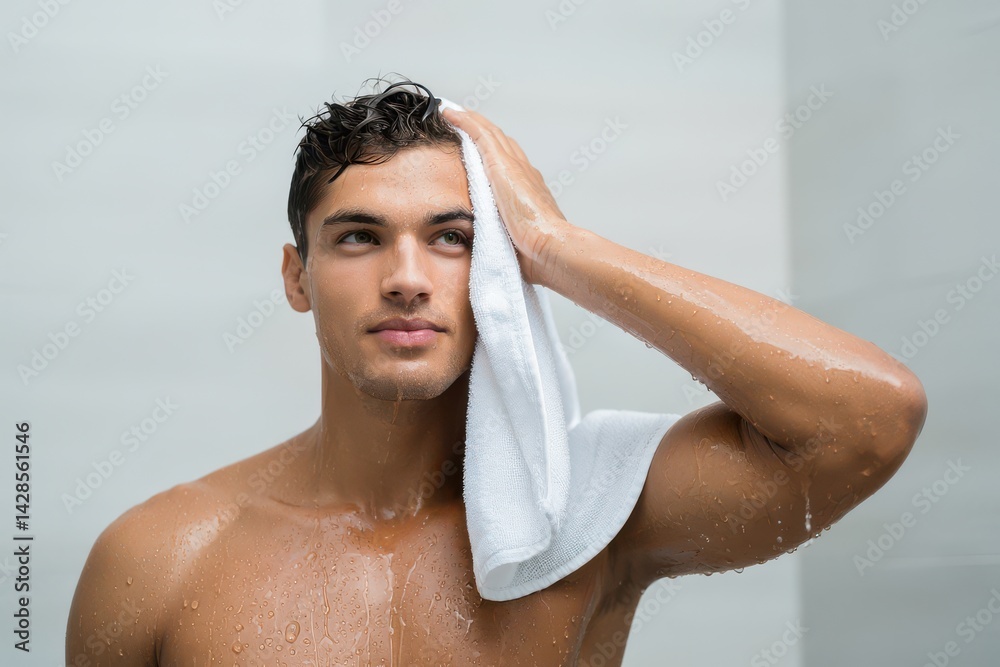 Refreshed young man using a bath towel after a shower