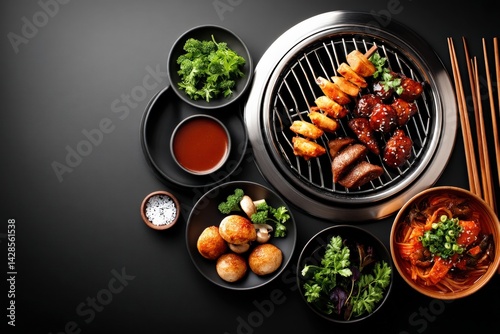 Obraz na płótnie Grilled Meat and Fresh Vegetables on Black Table with Side Dishes w salonie