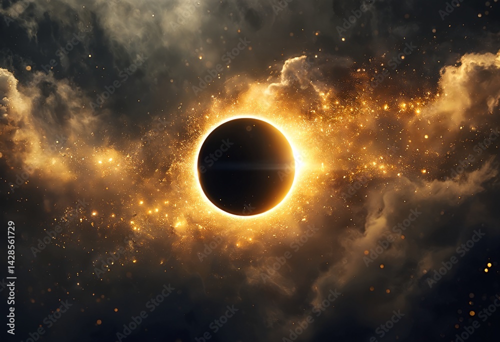 Obraz premium a stunning digital painting depicts a total solar eclipse with a radiant corona surrounded by a swirling galaxy of golden dust and light.