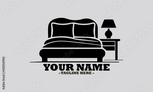 Simple monochromatic silhouette illustration of a comfortable bed with soft pillows and a lamp on a bedside table. Bedroom concept, bedroom logo design illustration and bedroom vector design