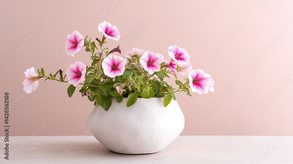 Fototapeta premium Pink morning glory is housed in a white ceramic vase with a soft light red and pink background. The petals of the morning glory bring joy and happiness, making the scene visually appealing.