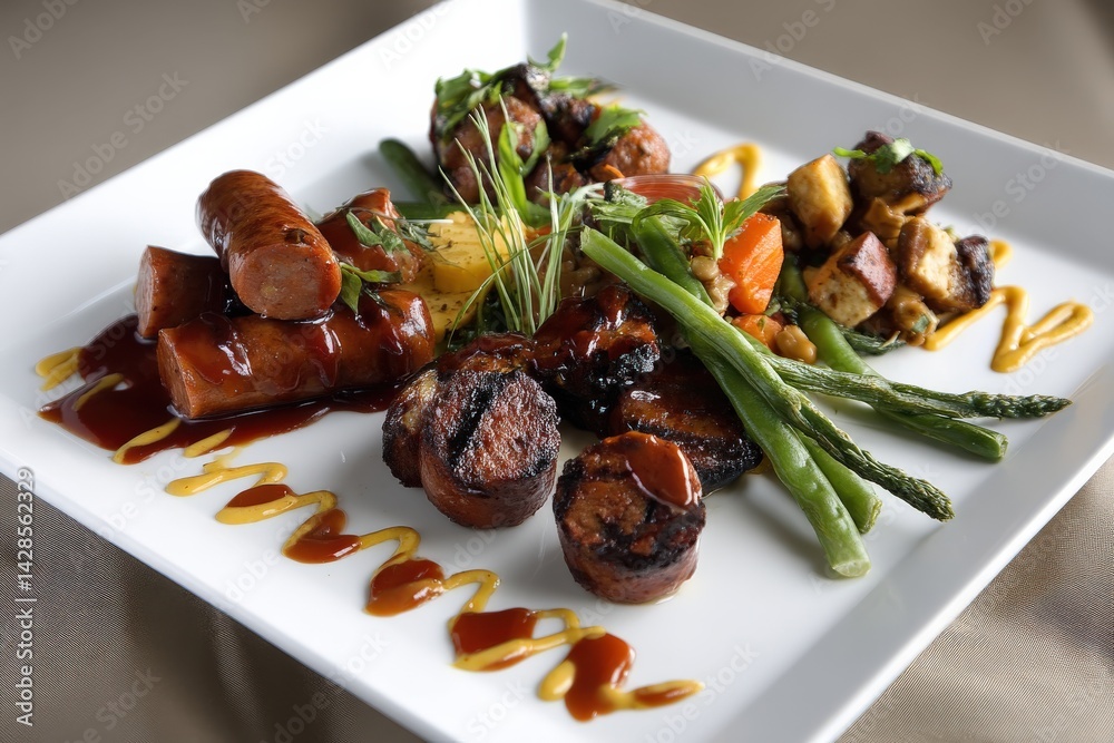 Grilled Sausages with Vegetables and Sauces on Elegant Plate