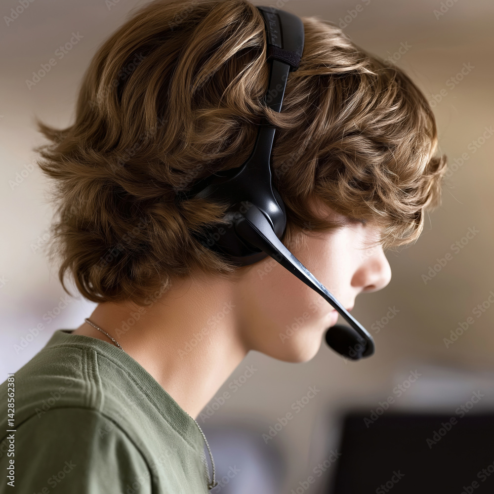 Fototapeta premium Young person with headset engaged in online activity at home workspace during daylight