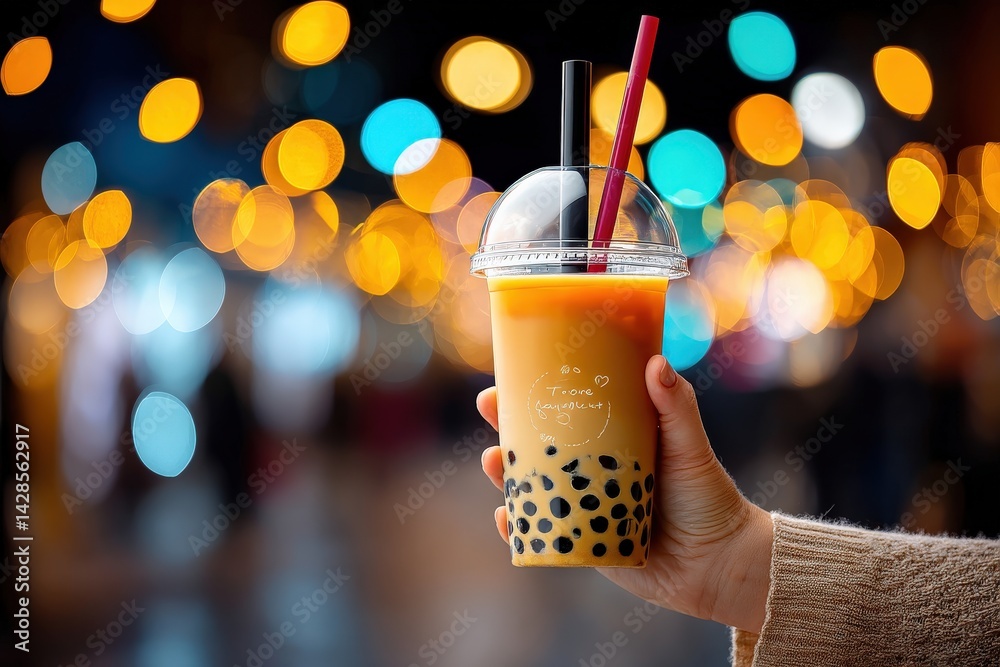 Hand Holding Cup of Bubble Tea with Colorful Bokeh Background