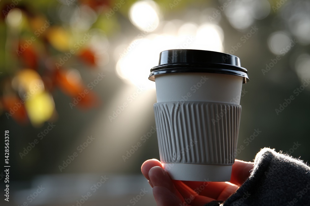 Hands Holding Stylish Coffee Cup Against Blurred Nature Background