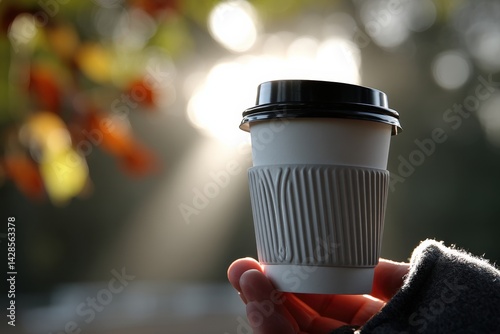 Obraz na płótnie Hands Holding Stylish Coffee Cup Against Blurred Nature Background w salonie